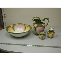 WILKINSON LTD ENGLAND PITCHER, BASIN, CUP & VASE (PITCHER HAS BEEN REPAIRED, BASIN HAS HUGE CRACK)