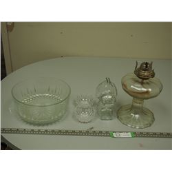 OIL LAMP (M SHADE), SNOOPY COIN BANK PLUS CLEAR GLASS