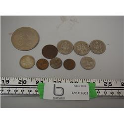 1964 CANADIAN QUARTER, 1911 CANADIAN PENNY, 1916 U.S PENNY PLUS OTHER COINS