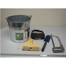 GW METAL PAIL, SAW, BROOM PLUS MISC