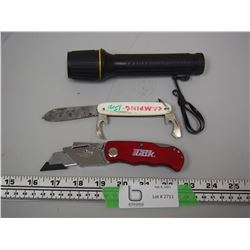 (2) POCKET KNIVES & FLASHLIGHT