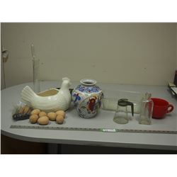 VASE, VINTAGE SYRUP DISPENSER, ORNAMETAL CHICKEN WITH WOODEN EGGS PLUS MISC