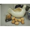 Image 2 : VASE, VINTAGE SYRUP DISPENSER, ORNAMETAL CHICKEN WITH WOODEN EGGS PLUS MISC
