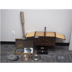 WOODEN SEWING BOX, SAW BLADES & MISC