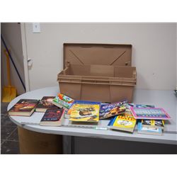 PLASTIC TOTE WITH (KIDPAD WITH DIFFERENT SOUNDS) & MISC BOOKS