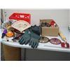 Image 1 : RUBBER GLOVES, ORNAMENTAL HAND FANS, POT LIDS, PLUS MISC