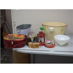 MILKGLASS LAMP SHADE, LANTERN, HARDWARE PLUS MISC