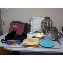 LARGE METAL FUNNEL, VASES, SMALL FRAMED MIRRORS PLUS MISC