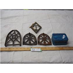 EDGEWORTH TABBACO TIN AND 4 UNUSUAL CAST IRON TRIVIATS