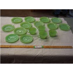 12 SADITE PLATES AND 4 JADITE CUPS, SOME FIREKING