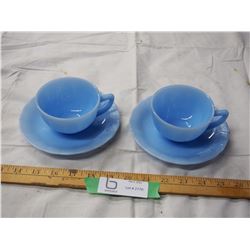 DELPHITE CUP AND SAUCERS 4 PC 1 CUP HAIRLINE CRACK BOTH HAVE DAMAGE