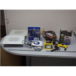 PORTABLE WORK LIGHT, OLYMPUS DIGITAL CAMERA, SPEAKER & CABLE