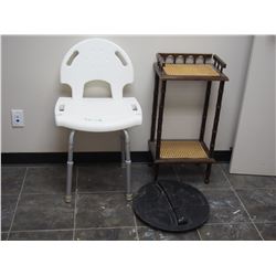 WOODEN TABLE, PLASTIC CHAIR & PLASTIC LID