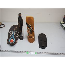 (2) WOOD CARVED MASKS AND (2) WOOD CARVED FIGURINES