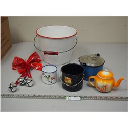 (5) PIECES OF ENAMELWARE PLUS MISC