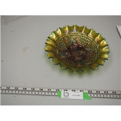 9" GREEN CARNIVAL GLASS BOWL