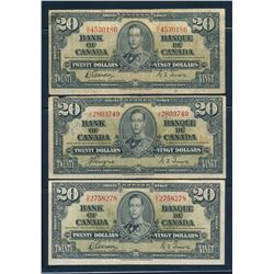 BANK OF CANADA 1937 $20.00. Lot of 5 Banknotes, BC-25. Graded: VG-F