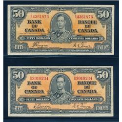 BANK OF CANADA 1937 $50.00. Lot of 2 Banknotes, BC-26. Graded: G-VF