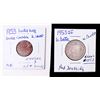 Image 1 : CANADA 1953 A Lot of 2 Error Coins Silver Twenty-Five Cents and Double Error Cent