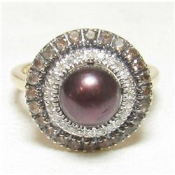 Estate Black Tahitian Pearl, Smoky Quartz & Diamond Ring