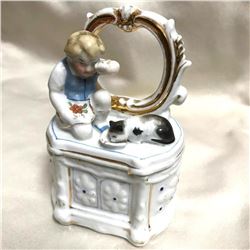 19thc German Victorian Conta Boehme Fairing Trinket Box, Boy & Kitty Cat