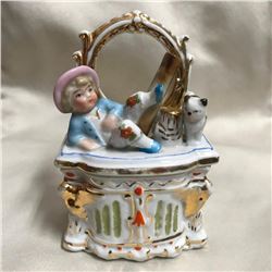 19thc German Victorian Porcelain Fairing Trinket Box, Boy & Cat