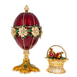 After Faberge, Basket of Flowers Russian Enamel Trinket Jewel Box Egg