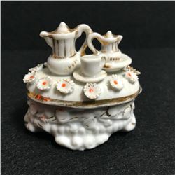 Antique Victorian Porcelain & Gilt Tea Set Fairing, Trinket Box
