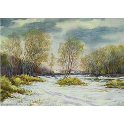 Watercolor  Winter day  nice rural landscape. #1396405