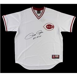 Pete Rose Signed Cincinnati Reds Majestic White MLB Jersey with “Hit King” Inscription (PSA)