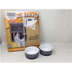Cat Screen door and lot of 2 dishes