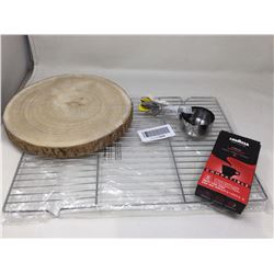 Lot of housewares, cookie rack, display log