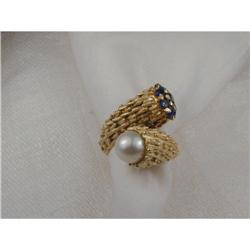 Estate 14K YG Gold Sapphire Cultured Pearl Ring#1418085