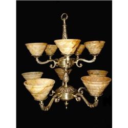 Two tier bronze chandelier with alabaster      #1418169