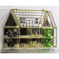 UNCLAIMED GLASS DISPLAY WITH FIGURINES