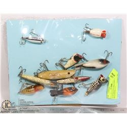 10 ANTIQUE FISHING LURES, HEDON, HULA POPER, ETC.