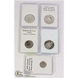 5 PCS. CANADA SILVER $.50, $.25 $.10, W SILVER