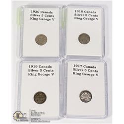4PCS GEORGE V CANADA 5 CENTS 1917TO1920, 90% SILVER