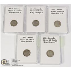 5PCS GEORGE V CANADA 10 CENTS 1918-1936 90% SILVER