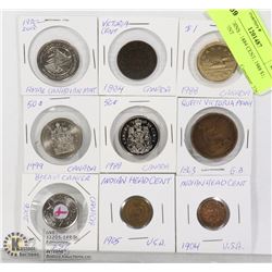 9 CANADIAN COINS - 1884 CENT; 1988 $1; 1999 50CENT