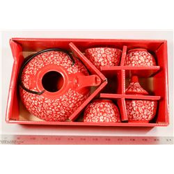 NEW IN BOX ASIAN TEA SET RED AND WHITE PORCELAIN