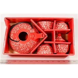 NEW IN BOX ASIAN TEA SET RED AND WHITE PORCELAIN