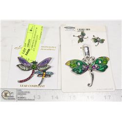 DRAGONFLY BROOCH, PENDANT & EARRING SET, ENAMELED