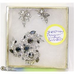 SHERMAN DESIGNER SIGNED VINTAGE BROACH & EARRINGS