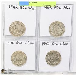 CANADIAN  1942, 1943, 1944, 1945 SILVER 50 CENTS