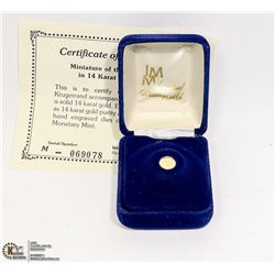 MINIATURE 14K SOLID GOLD KRUGERAND WITH COA