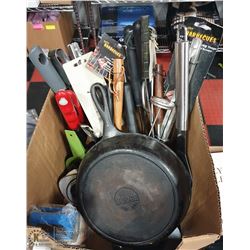 LARGE BOX OF NEW & USED COOKWARE INCLUDES A CAST