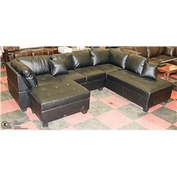 NEW BLACK LEATHERETTE SECITONAL WITH OTTOMAN
