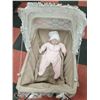 Image 2 : DOLL CARRIAGE LACE W RATTAN & METAL WITH DOLL