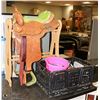 Image 1 : HORSE SADDLE W/ STAND & TOTE OF ACCESSORIES
